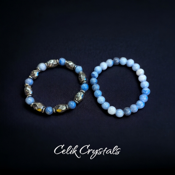 Blue Aventurine & Hematite Men's Bracelet Stack 8mm Natural Stones - Picture 3 of 4